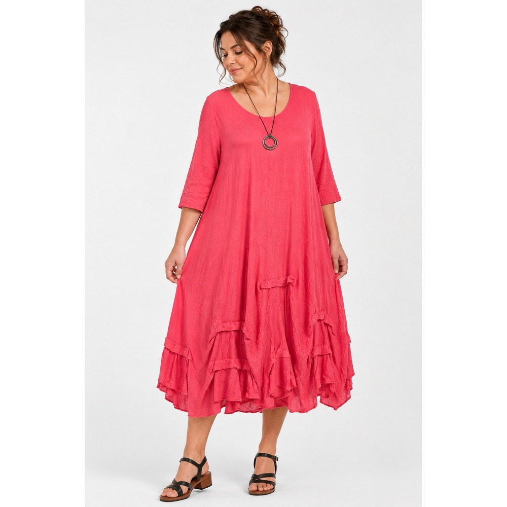 Comfy USA Coral Crinkle Tiered Dress 2X Asymmetric Lagenlook Artsy Art to Wear